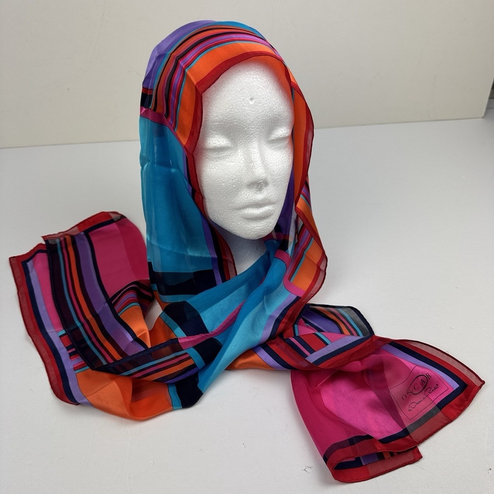 Oscar De La Renta 100% Silk Scarf Multicolor Bright Geometric Plaid Design 58x11
